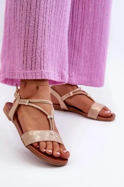 Damskie Płaskie Sandały Z Paskami S.Barski KV27-010 Beżowo-Złote