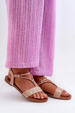 Damskie Płaskie Sandały Z Paskami S.Barski KV27-010 Beżowo-Złote