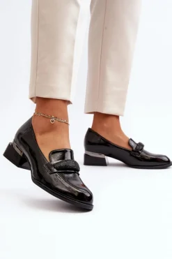 Damskie Półbuty Lakierowane Na Niskim Obcasie Czarne Marilni