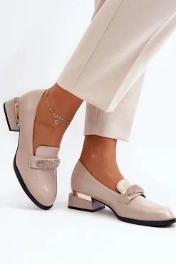 Damskie Półbuty Lakierowane Na Niskim Obcasie Beżowe Marilni