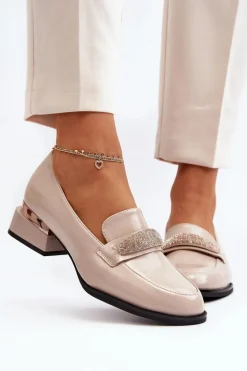 Damskie Półbuty Lakierowane Na Niskim Obcasie Beżowe Marilni