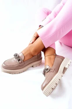 Damskie Półbuty Loafery Skórzane Ciemny Beż Laura Messi 2383