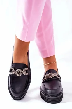 Damskie Półbuty Loafery Skórzane Czarne Laura Messi 2383
