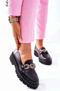 Damskie Półbuty Loafery Skórzane Czarne Laura Messi 2383