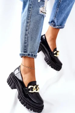 Damskie Półbuty Loafery Skórzane Czarne Laura Messi 2339