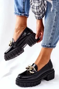 Damskie Półbuty Loafery Skórzane Czarne Laura Messi 2339