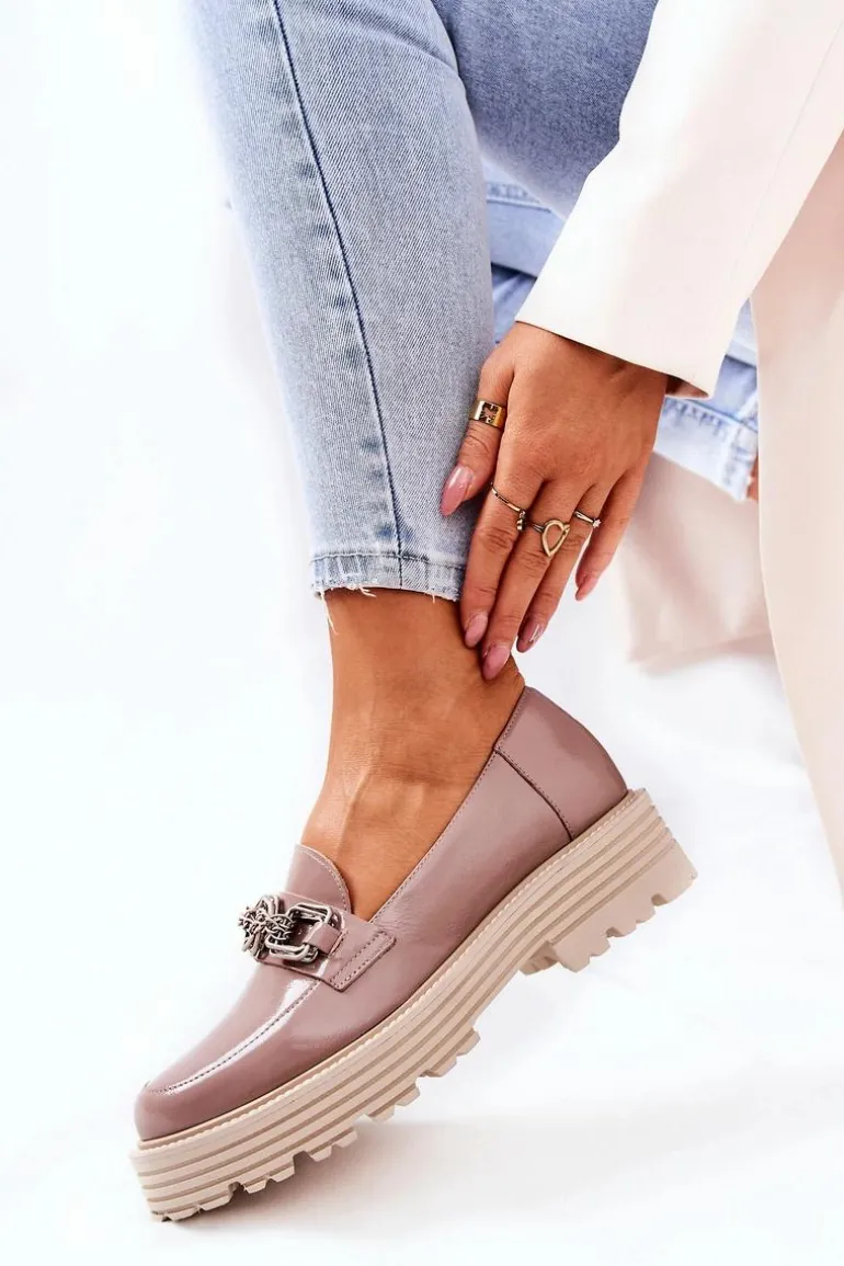 Damskie Półbuty Loafery Skórzane Ciemny Beż Laura Messi 2383