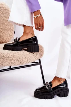 Damskie Półbuty Loafery Skórzane Czarno-Srebrne Laura Messi 2339