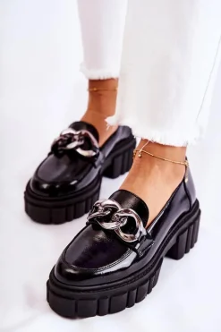 Damskie Półbuty Loafery Skórzane Czarno-Srebrne Laura Messi 2339