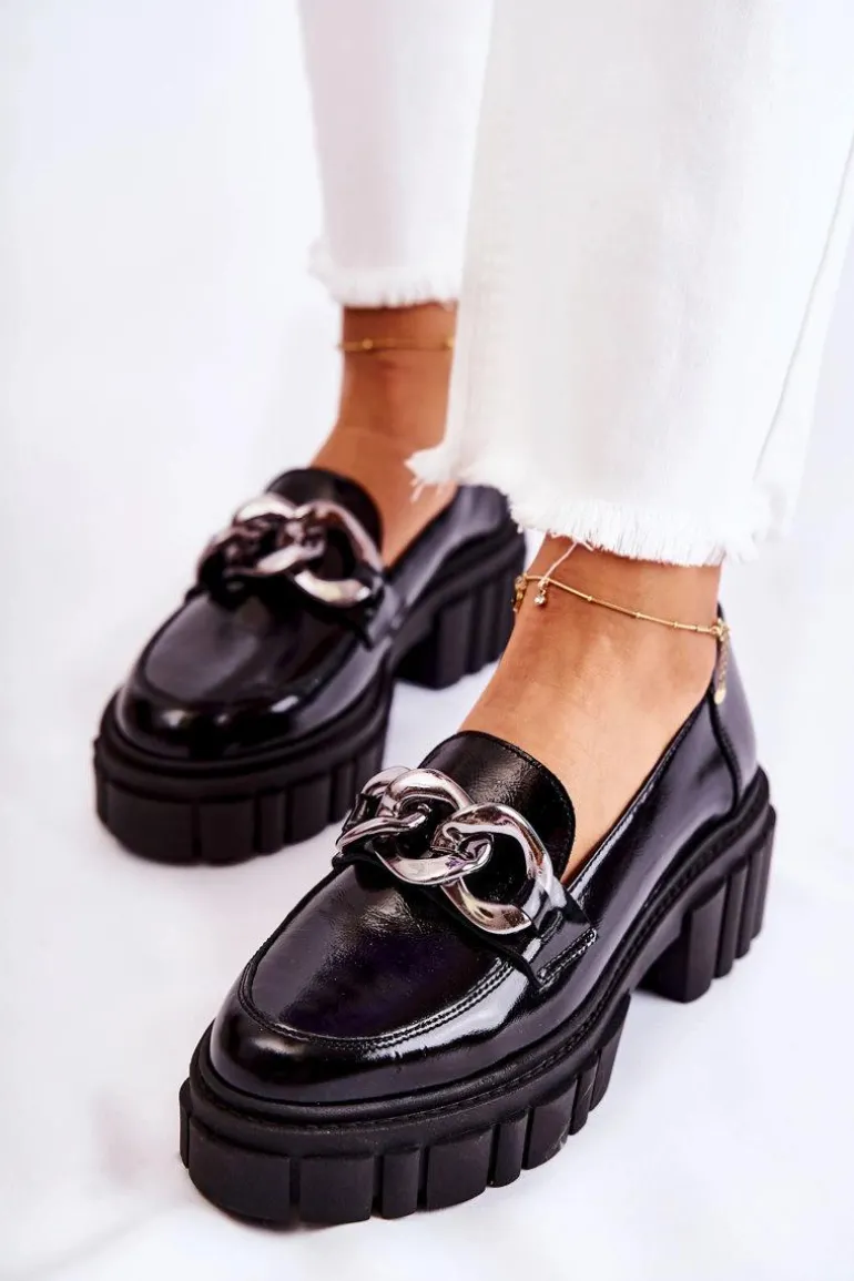 Damskie Półbuty Loafery Skórzane Czarno-Srebrne Laura Messi 2339