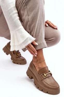 Damskie Półbuty Loafery Z Ozdobą Khaki Peuria
