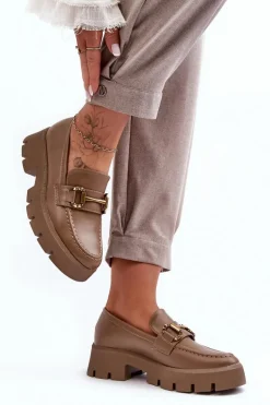 Damskie Półbuty Loafery Z Ozdobą Khaki Peuria