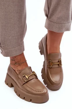 Damskie Półbuty Loafery Z Ozdobą Khaki Peuria