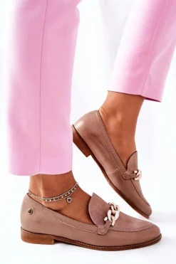 Damskie Półbuty Maciejka Lakierowane Loafery Beżowe 4099B-04