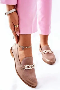 Damskie Półbuty Maciejka Lakierowane Loafery Beżowe 4099B-04