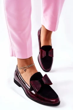 Damskie Półbuty Maciejka Lakierowane Loafery Marmurkowe Bordowe 04099-33
