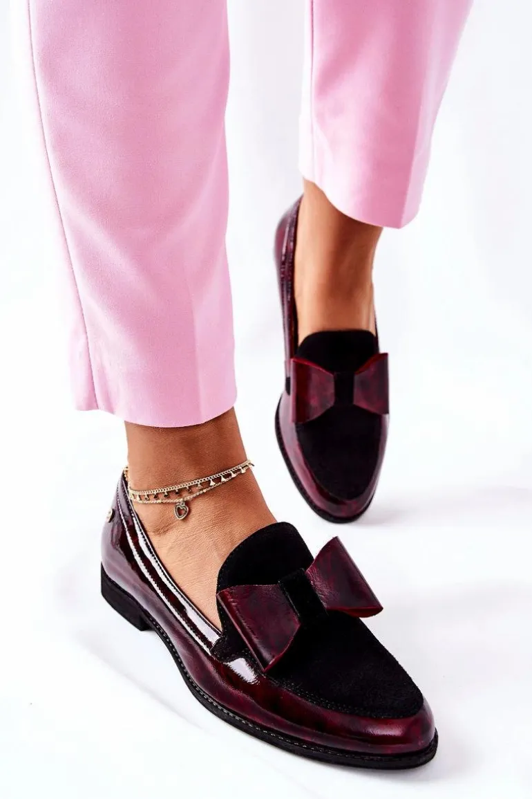 Damskie Półbuty Maciejka Lakierowane Loafery Marmurkowe Bordowe 04099-33