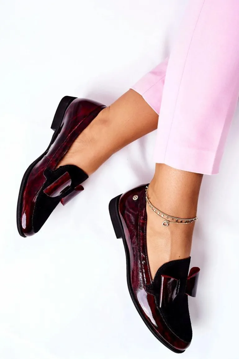 Damskie Półbuty Maciejka Lakierowane Loafery Marmurkowe Bordowe 04099-33