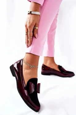 Damskie Półbuty Maciejka Lakierowane Loafery Marmurkowe Bordowe 04099-33