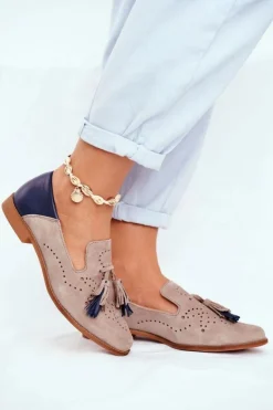 Damskie Półbuty Maciejka Skórzane Mokasyny Beżowe 04484-04/00-5