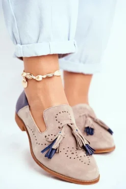 Damskie Półbuty Maciejka Skórzane Mokasyny Beżowe 04484-04/00-5