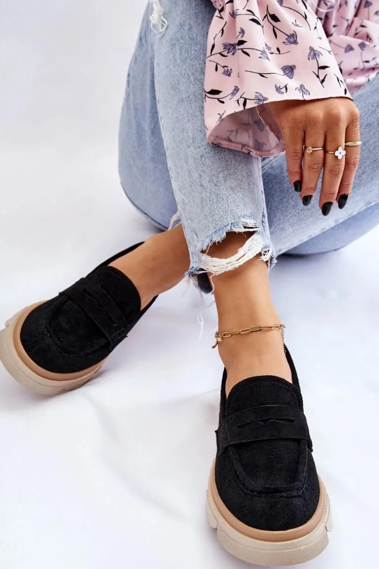 Damskie Półbuty Mokasyny Na Płaskim Obcasie Czarne Fletcher