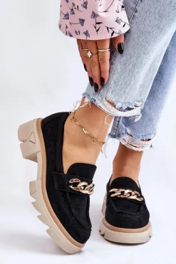 Damskie Półbuty Mokasyny Z Łańcuchem Czarne Luella