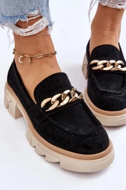 Damskie Półbuty Mokasyny Z Łańcuchem Czarne Luella