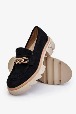 Damskie Półbuty Mokasyny Z Łańcuchem Czarne Luella