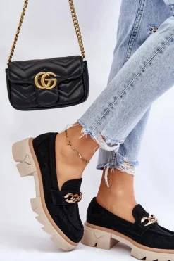 Damskie Półbuty Mokasyny Z Łańcuchem Czarne Luella