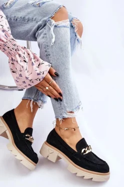 Damskie Półbuty Mokasyny Z Łańcuchem Czarne Luella