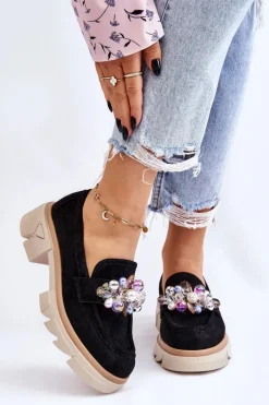 Damskie Półbuty Mokasyny Z Ozdobami Czarne Issac