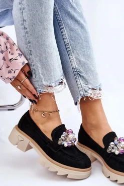 Damskie Półbuty Mokasyny Z Ozdobami Czarne Issac