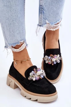 Damskie Półbuty Mokasyny Z Ozdobami Czarne Issac
