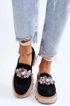 Damskie Półbuty Mokasyny Z Ozdobami Czarne Issac