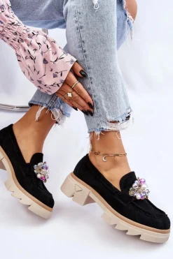 Damskie Półbuty Mokasyny Z Ozdobami Czarne Issac