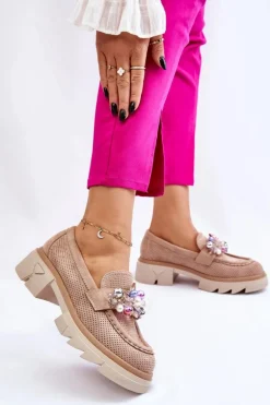 Damskie Półbuty Mokasyny Z Ozdobami Beżowe Issac