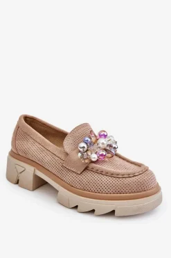 Damskie Półbuty Mokasyny Z Ozdobami Beżowe Issac