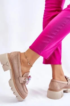 Damskie Półbuty Mokasyny Z Ozdobami Beżowe Issac