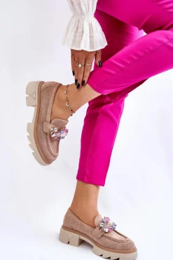 Damskie Półbuty Mokasyny Z Ozdobami Beżowe Issac