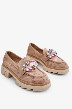 Damskie Półbuty Mokasyny Z Ozdobami Beżowe Issac