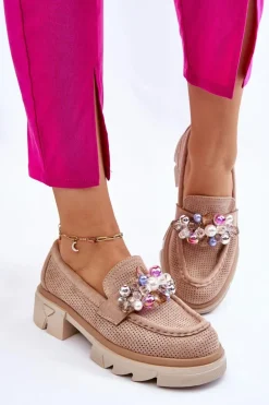 Damskie Półbuty Mokasyny Z Ozdobami Beżowe Issac
