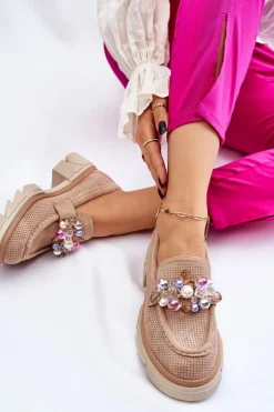 Damskie Półbuty Mokasyny Z Ozdobami Beżowe Issac