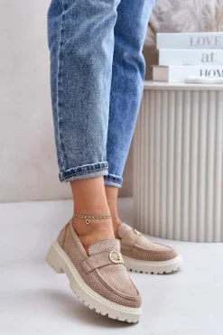 Damskie Półbuty Mokasyny Ze Złotym Detalem Khaki Arilva