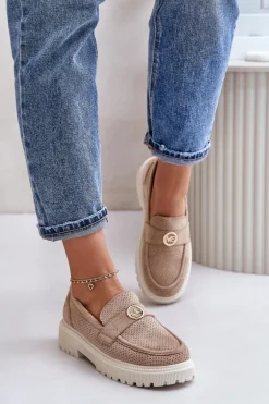 Damskie Półbuty Mokasyny Ze Złotym Detalem Khaki Arilva