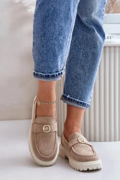 Damskie Półbuty Mokasyny Ze Złotym Detalem Khaki Arilva