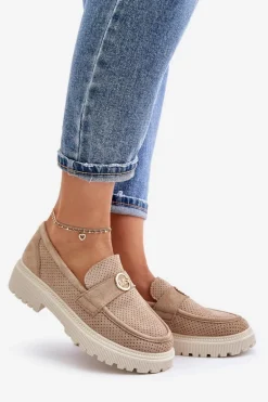 Damskie Półbuty Mokasyny Ze Złotym Detalem Khaki Arilva