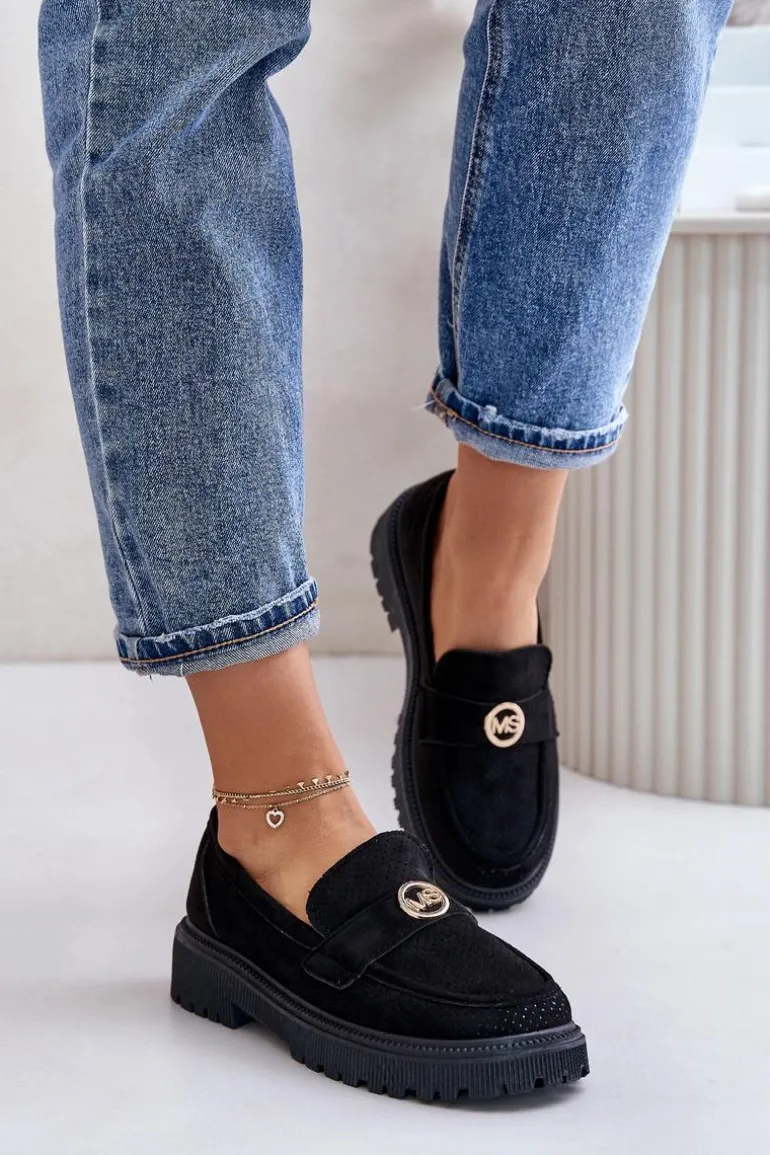 Damskie Półbuty Mokasyny Ze Złotym Detalem Czarne Arilva
