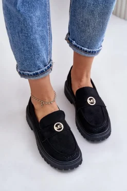 Damskie Półbuty Mokasyny Ze Złotym Detalem Czarne Arilva
