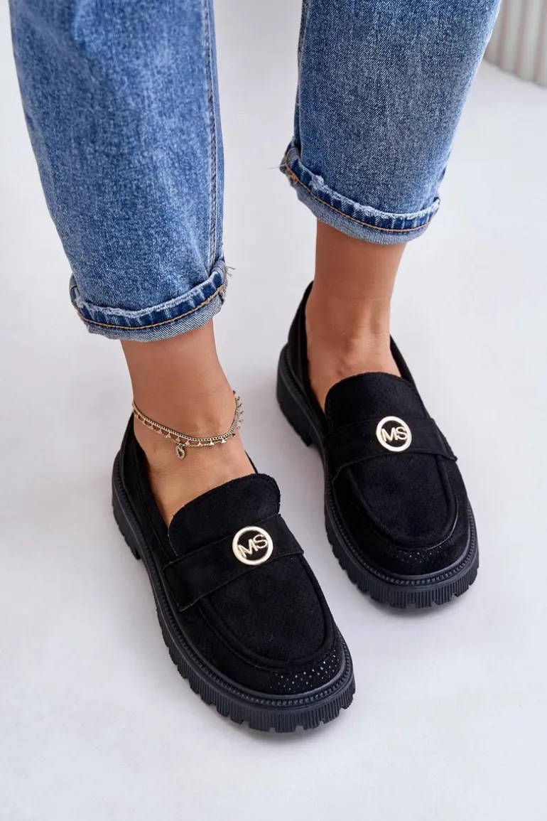 Damskie Półbuty Mokasyny Ze Złotym Detalem Czarne Arilva